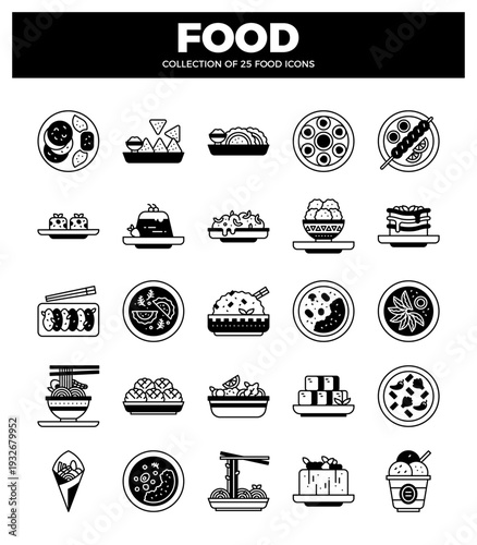 Food icon collection displayed in a grid. with diverse culinary dishes and meals.