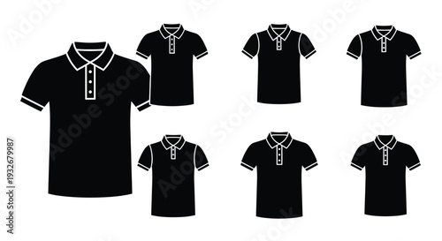 Black polo shirts of varying sizes and perspectives in a set