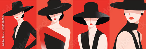 Elegant fashion women illustration, symbolizing luxury, confidence, and modern femininity with minimalist silhouettes, wide-brim hats, and bold red and black color contrast.