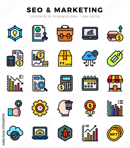 Collection of Market & Economy 25 Lineal Color Icons Pack.