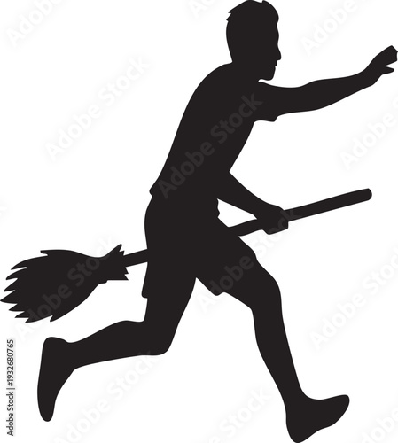 Vector Silhouette of Magical Sport Player Running with Broom