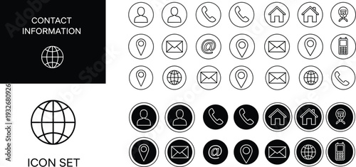 Contact Information and Communication Black and White Round Icons Set Isolated on White Background for Web, Mobile Apps, and Business Design