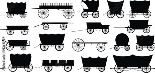 Collection of vintage wooden wagons and carts silhouettes, old western transportation vehicles, farm and pioneer carriage icons isolated on white background