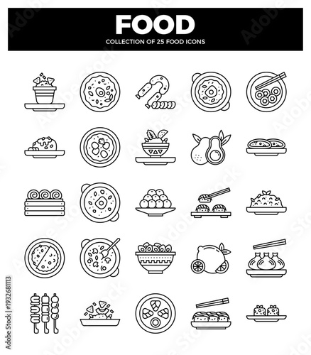 diverse food icons in a white background grid.  Line art illustrations of various international dishes and ingredients.