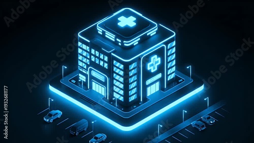 Futuristic Neon Hospital Building with Medical Cross Symbol.