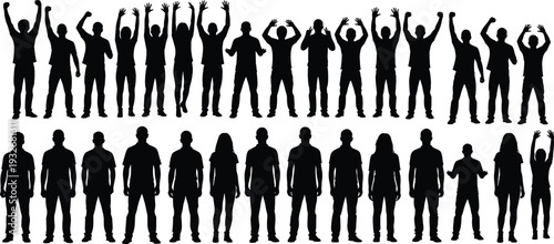 Crowd Silhouettes Collection with Raised Hands, Standing People Group Vector Illustration Isolated on White Background