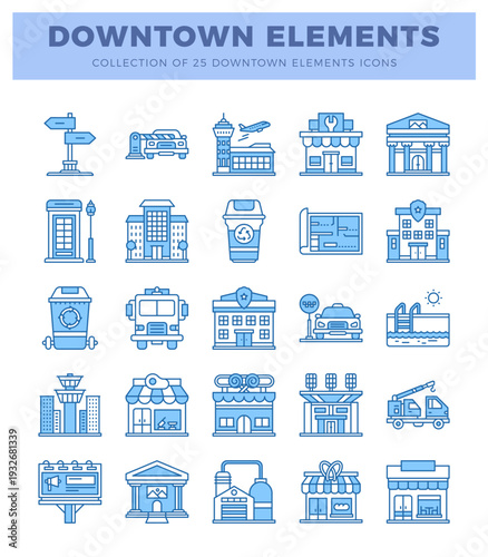 blue outline downtown city icons on white background.
