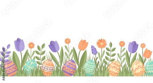 Easter egg and flower border vector isolated on White Background