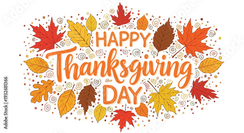  Happy Thanksgiving Day Greeting with Colorful Autumn Leaves and Doodles