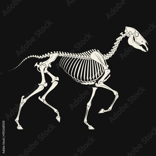 Horse skeleton X Ray illustration, galloping equine anatomy illustration