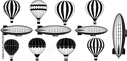 Hot Air Balloon and Airship Silhouettes Set, Vintage Zeppelin and Aerostat Flying Transport Vector Illustration Isolated on White Background