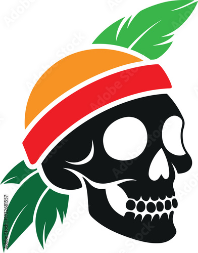 Stylized graphic illustration of a black skull wearing a colorful Rasta inspired headband with green feathers on transparent background