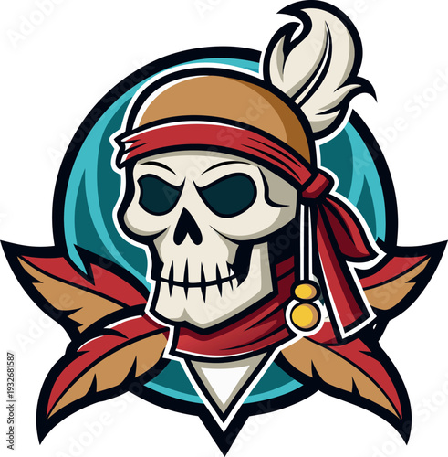 Stylized vector graphic illustration of a fierce skull character wearing a bandana and feather, designed as a mascot or gaming logo on transparent background. 