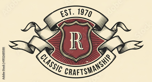 Classic craftsmanship logo with a shield and ribbon design, vintage style.