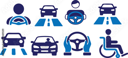 hand drawn car road traffic safety bule icon set vector illustration art 