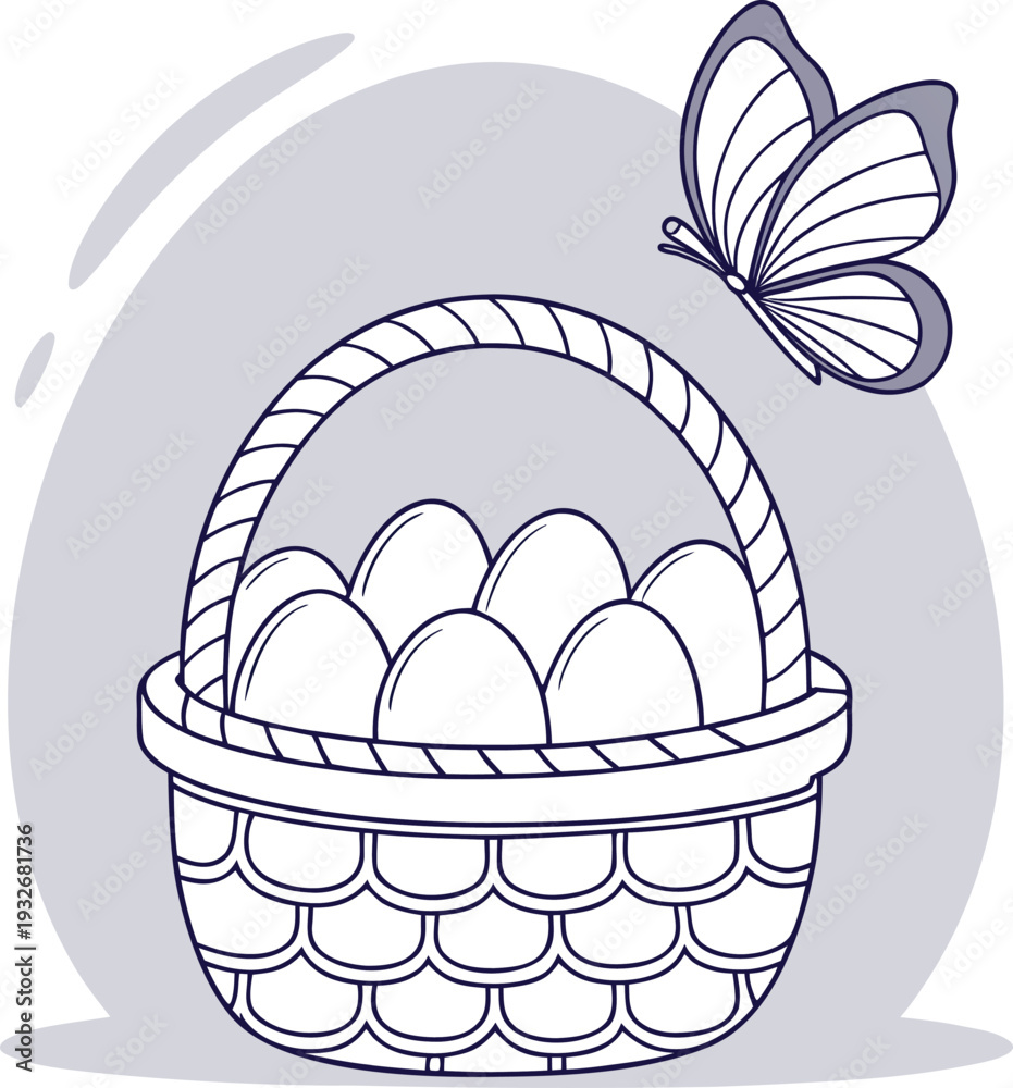 Fototapeta premium Easter day eggs in a basket with butterfly illustration, Simple line art vector graphic illustration of a woven basket filled with eggs alongside a delicate butterfly on transparent background