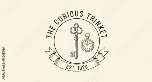 Vintage logo of The Curious Trinket with key and clock design.