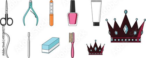Manicure and Pedicure Tools Set with Royal Crown, Flat Vector Beauty Salon Equipment Illustration Isolated on White Background