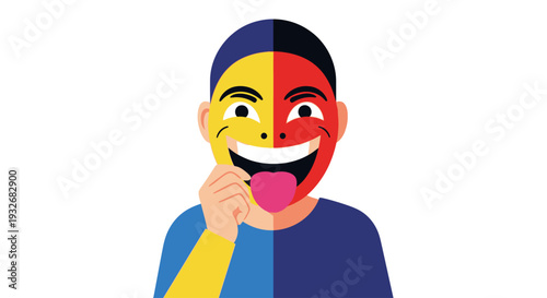 A young man celebrates April Fools’ Day with a colorful masked face and playful gesture, showcasing joy and humor in a graphic illustration.