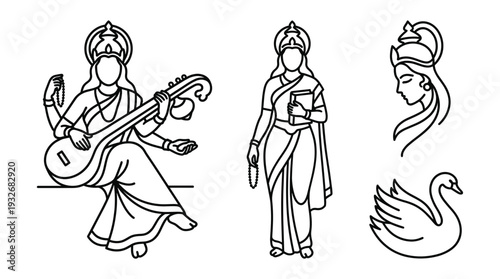 Minimalist line art vector of Goddess Saraswati with veena beautiful female portrait and swan elements for Indian cultural religious graphic design and line drawing.