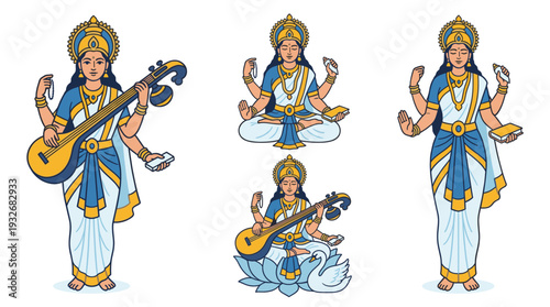 Colorful flat vector illustration set of Goddess Saraswati holding veena and book for Indian festival Vasant Panchami religion education and wisdom concept design.