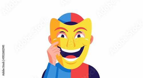 A man wearing a yellow April Fools’ Day mask with a thoughtful expression on his face, holding his hand to his chin in contemplation.