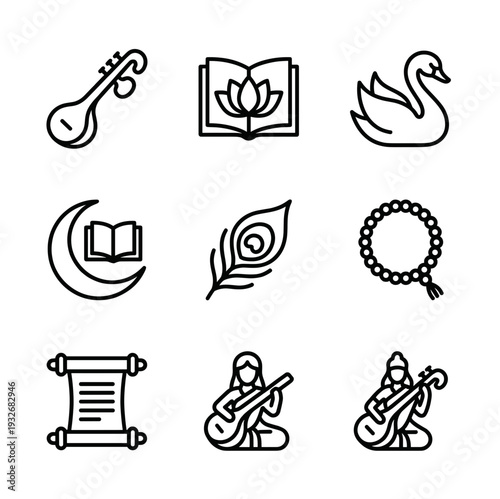 Minimalist line art vector icon set of Goddess Saraswati elements featuring veena, swan, lotus book, peacock feather, mala, and scroll for Hindu religious design.