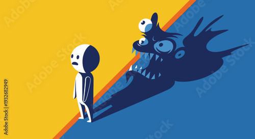 A person experiencing a dark shadow transformation on April Fools’ Day, depicted in a contrasting dual-colored illustration.