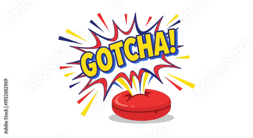 Celebrating April Fools’ Day with a playful cartoon red prank button and explosive GOTCHA text in a humorous digital illustration