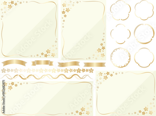 高級感のある桜の背景と装飾セット　アイボリー＆ゴールド