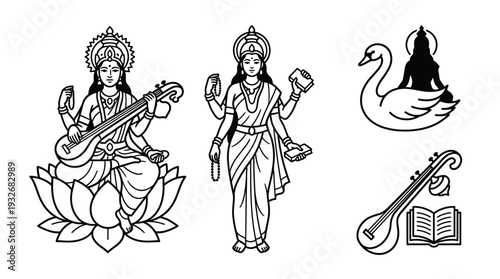 Hand drawn outline vector illustration of Goddess Saraswati playing veena with swan and holy book for Vasant Panchami Hindu religion festival coloring page design.