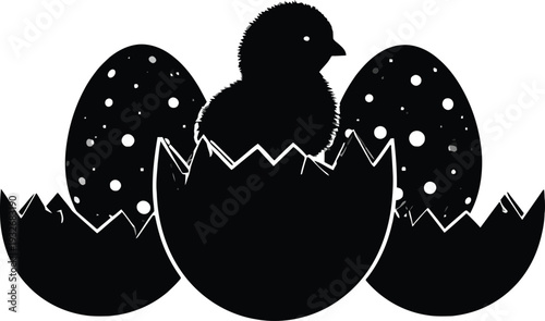 Chick hatching from egg with two decorated eggs, black and white silhouette icon.
