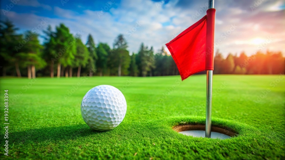 Obraz premium A golf ball rests near the cup on a lush green putting green, a red flag marking the hole under a vibrant sunset sky