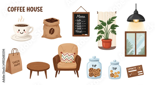 A collection of cartoon-style illustrations depicting various elements and objects found in a cozy coffee house, including furniture, drinks, food, and decor.