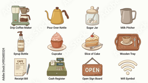 A collection of various cafe and coffee shop related items and business operation icons, including food, drinks, and service elements.