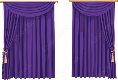 Set of two luxury purple velvet curtains with elegant gold tassels and draped valance on wooden rods for theater stage home decor and interior design