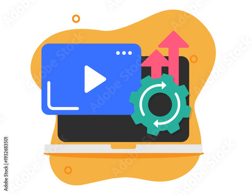 Video optimization editing icon on laptop computer screen vector modern graphic illustration, footage creating improving enhancement process technology, automation performance configuration
