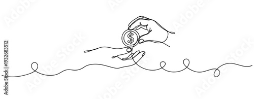 Continuous line drawing of hands exchanging a coin symbolizing financial transaction. No editable stroke