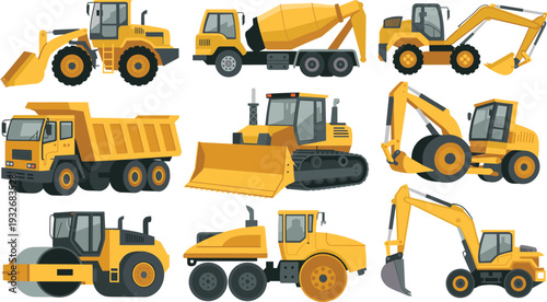 Set of Yellow Construction Heavy Equipment Vehicles Including Excavator, Bulldozer, Dump Truck and Concrete Mixer Isolated on White Background, Industrial Machinery Illustration Collection