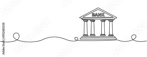 Continuous line drawing of a classical bank building showcasing simplicity and structure. No editable stroke