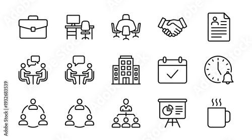 A comprehensive set of line icons representing various business, office, and corporate activities, including meetings, teamwork, and professional tasks.