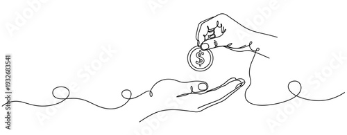 Line art: monetary transaction with hand offering coin to outstretched palm. No editable stroke