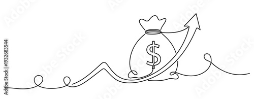 Continuous line art of money bag with upward arrow representing financial growth. No editable stroke
