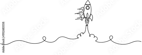 Minimalist continuous line drawing of rocket launch with cloud trails. No editable stroke