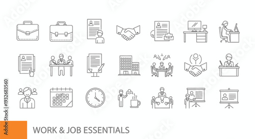 Collection of line icons representing work and job essentials, including office items, meetings, resumes, and business concepts.