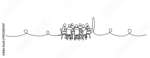 Continuous line art of diverse team in business meeting with presentation board. No editable stroke