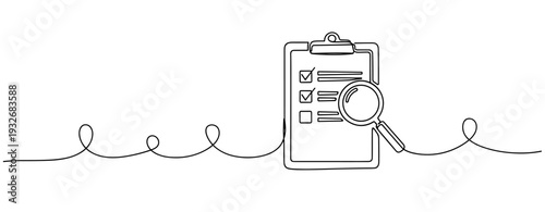 Continuous line art of magnifying glass and checklist on clipboard. No editable stroke