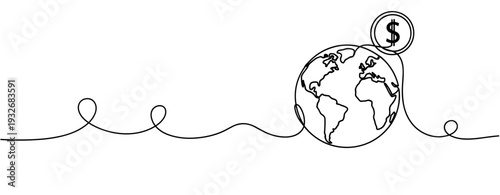 Global economy concept with earth and dollar symbol line art. No editable stroke
