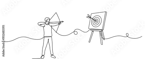 Continuous line drawing of male archer aiming at target with bow and arrow. No editable stroke