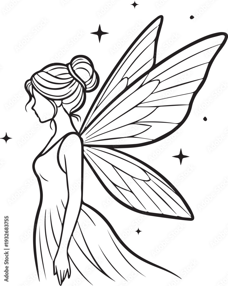 Obraz premium Fairy profile outline icon. Black and white magical beautiful creature portrait with wings and stars line art drawing isolated. Fantasy character design element